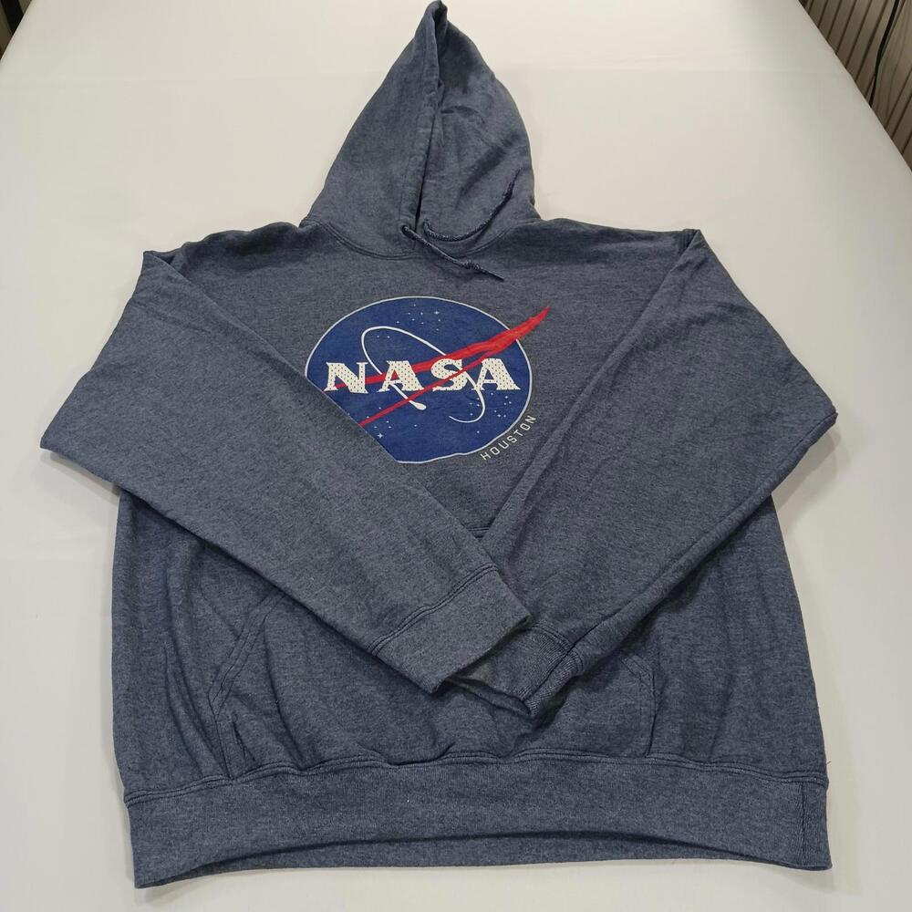 NASA Houston Men Bluish Gray Hoodie Pullover Graphic Sweatshirt Size M Chest 44"